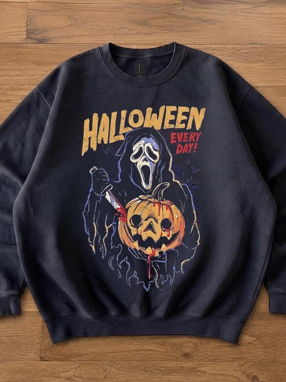 Gildan Black Halloween Graphic Crewneck Sweatshirt with Orange Pumpkin